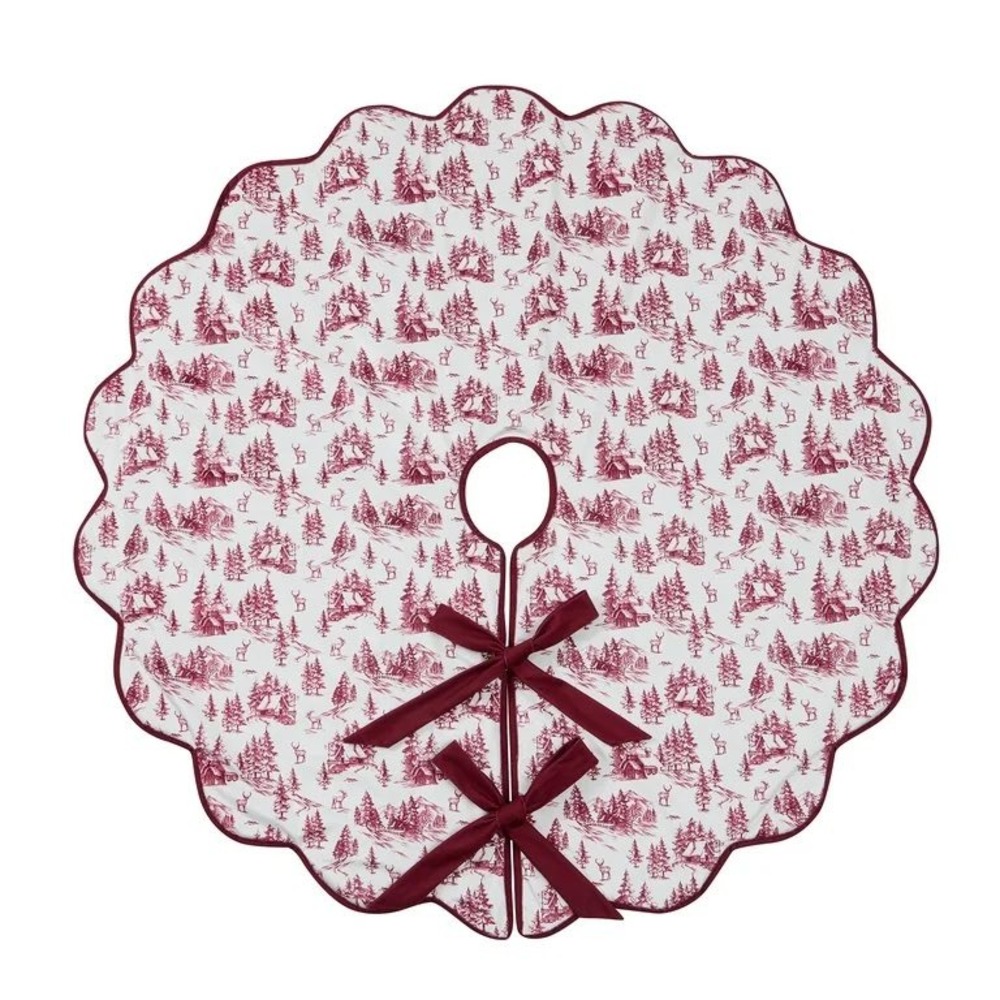 My Texas House Red & Ivory Forest Toile Velvet Christmas Tree Skirt